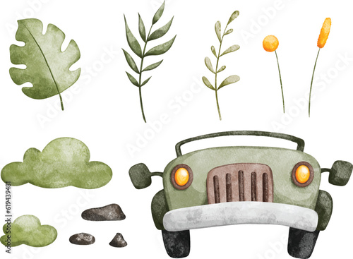 Watercolor Illustration set of tropical leaves and safari jeep