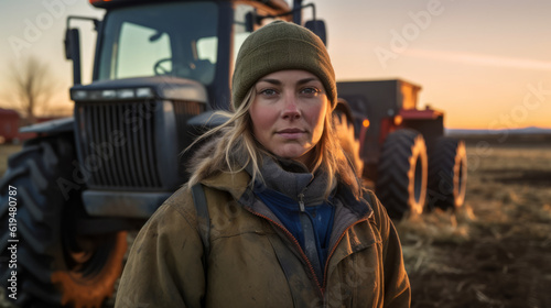 Portrait of a tough female farmer in front of a tractor in a field