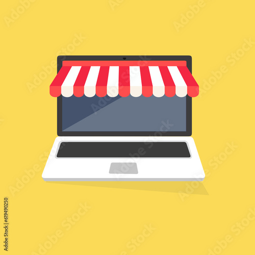Concetto di negozio online con laptop aperto. Illustrazione auto, carta di credito, hacker, mappa
