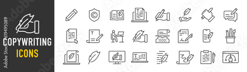 Copywriting web icons in line style. Document, writing, creative, signature, collection. Vector illustration.