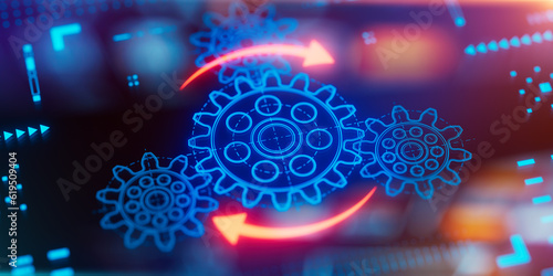 Gears icon on a digital display with reflection. Concept of business process workflow optimisation and automation, digital transformation, robotic process automation and flowing process management.