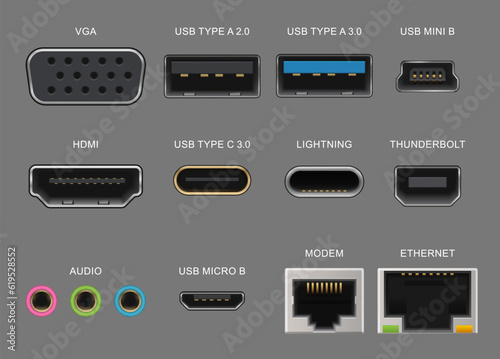 Connector and charge ports. Usb and vga, hdmi and audio realistic sockets for gadget and electronics device, laptop, modem, ethernet. Vector thunderbolt, lightning, mini or micro usb plug types