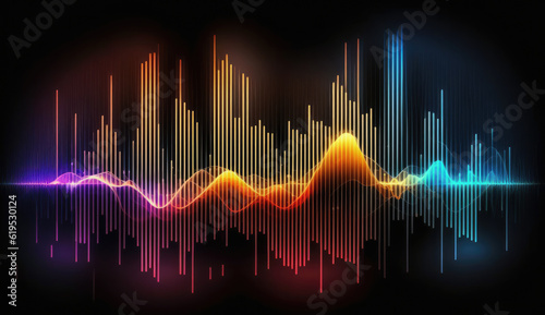 Abstract background with equalizer effect. Neon lights. Sound wave, AI generative