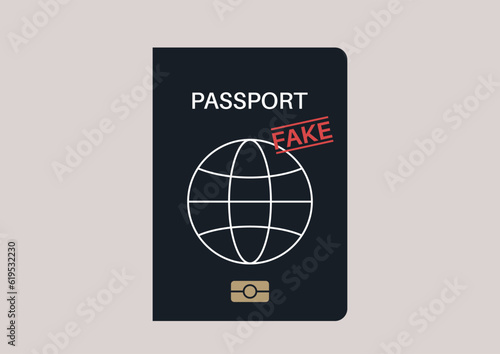 Fake stamp on a passport cover, documents forgery, international crime
