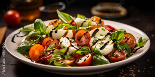 Ultra - detailed image of a plate of mixed salad with cherry tomatoes, mozzarella, basil leaves, seasoned with balsamic reduction, close