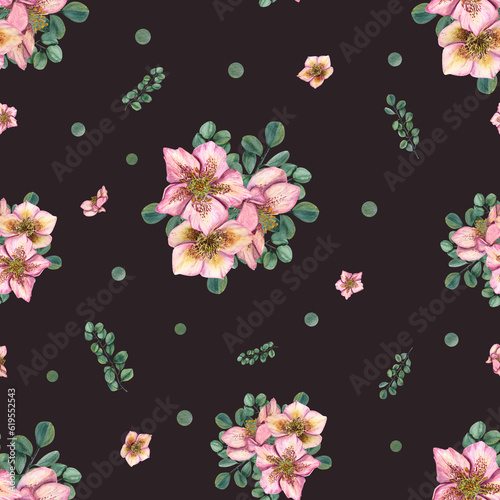 Delicate bouquet of hellebores, eucalyptus branches. Seamless floral pattern isolated on dark background. Watercolor illustration for fabric, textile, scrapbooking, wrapping, fashion.