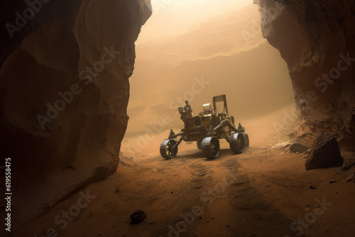 Martian rover on surface of red planet Mars. Research of red planet. Generative AI