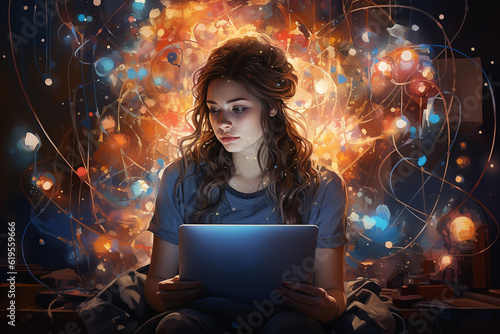 A young caucasian girl sits at a computer and works with a neural network. The concept of artificial intelligence and modern technologies. AI generated