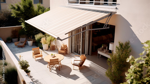 Summer terrace under a canopy of a modern house.