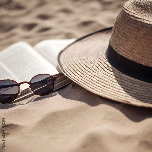 A close-up of a pair of sunglasses a straw hat and a book on a beach towel symbolizing a relaxed day at the beach.