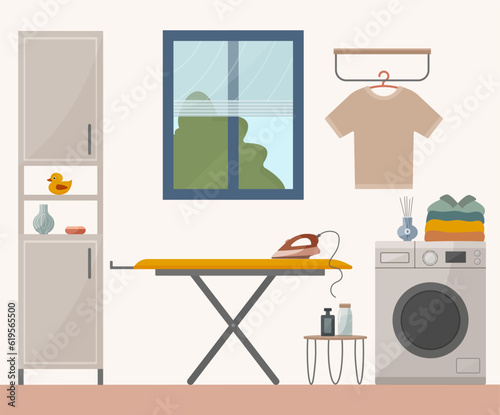 Modern laundry room interior with washing machine, hanger, ironing board, iron, ironed linen, wooden shelves. The concept of washing in the laundry. Vector illustration in a flat style.