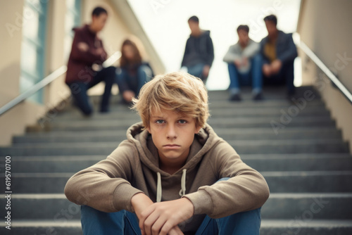 Depressed school boy sitting alone at stairs. Victim of school bullying. Stress and mental problem in childhood. Created with Generative AI