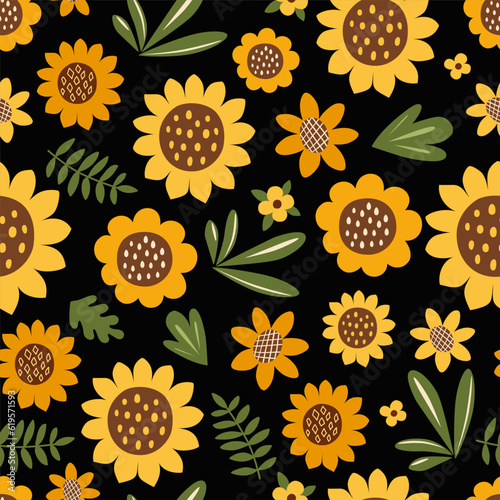 Sunflower seamless pattern on black background. Happy fall repeat print, fabric, wallpaper. Yellow autumn flowers and leaves. Hand drawn botanical illustration, nature textile design