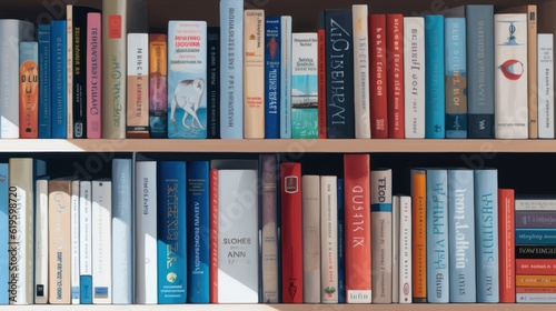Close up of library books on shelf. Generative AI