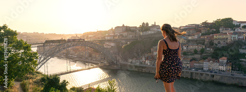 dom luiz brige in Porto on the riverside of Duero river cityscape at sunset from above