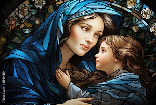 Illustration in the style of a stained glass window with the image of the Madonna and child Jesus