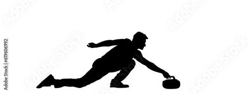 Curling player on ice vector silhouette illustration isolated on white. Winter sport game. Man curling player delivering a stone on a curling rink, sliding over ice. Boy brushing ice directing stone.