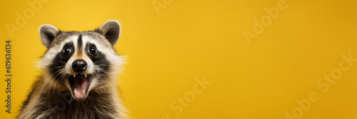 raccoon looking surprised, reacting amazed, impressed, standing over yellow background