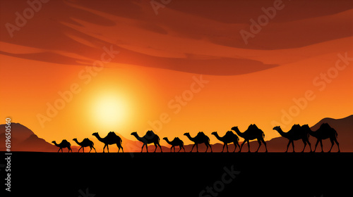 camels in the arabian desert in sunset, create using generative AI tools