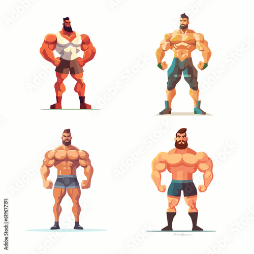 body builder men pose set vector cartoon