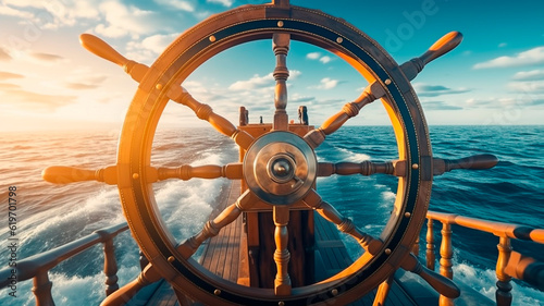 ship wheel on boat with sea and sky. freedom and adventure. direction concept. Generative AI