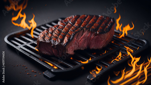 Grilled beef steak on a grill pan with flames on black background.