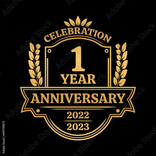 1 year anniversary icon or logo. Vintage birthday banner design. 1st anniversary jubilee celebration badge or label. Vector illustration.