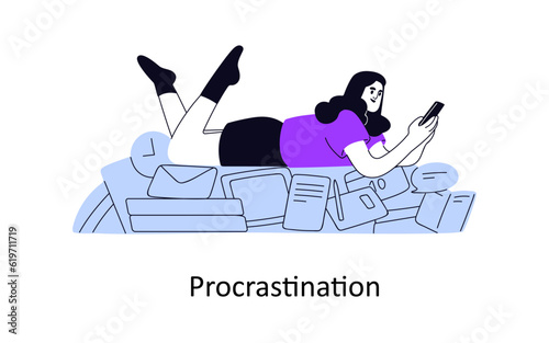 Procrastination concept. Lazy irresponsible unproductive person postponing, delaying work for later time, distracted by mobile phone. Flat graphic vector illustration isolated on white background