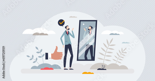 Self presentation and learning how to introduce yourself tiny person concept. Mirroring for good look, appearance and visual style vector illustration. Confidence and personality impression training.