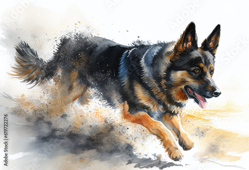 Alsatian pet dog watercolour portrait painting which is a popular canine purebred pedigree breed also known as a German Shepherd, computer Generative AI stock illustration image