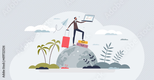Managing work and travel with business and leisure trip tiny person concept. Businessman in vacation with holiday luggage and laptop vector illustration. Effective weekend with internet connection.