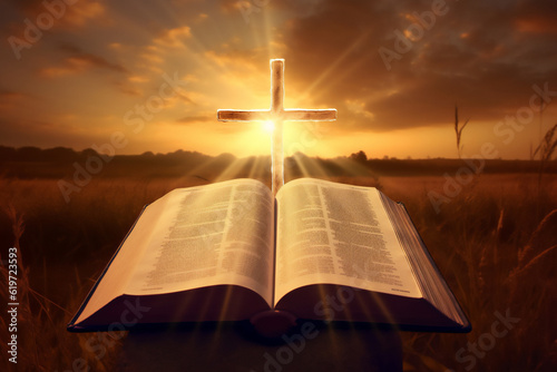 The Bible of the New and Old Testemant at sunset showing the way to the Kingdom of Heaven which leads to salvation and paradise with God, computer Generative AI stock illustration image