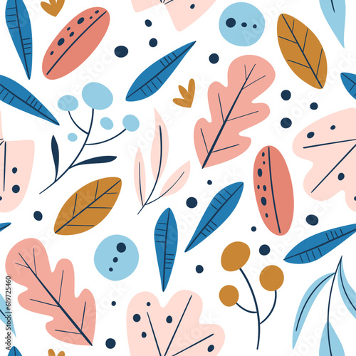 Abstract leaves seamless pattern. Cute leaves and twigs isolated on white background. Square design. Vector illustration.