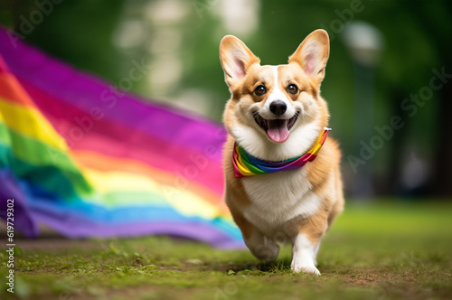 Corgi in the park with an LGBT flag. Corgi with rainbow scarf. Generative AI