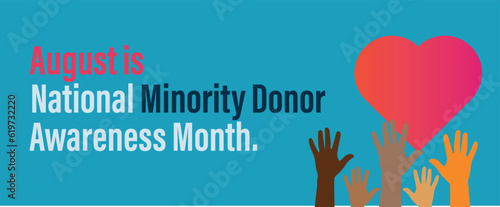 August is National Minority Donor Awareness Month. Raising awareness of the importance of organ donation. Vector poster banner.