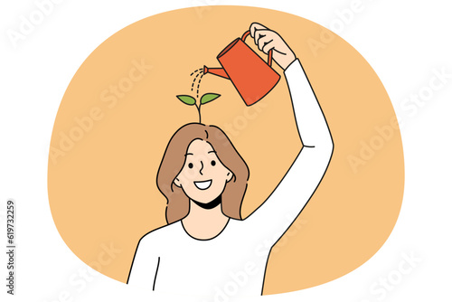 Happy woman use water can watering seedling in brain improving creativity thinking. Smiling girl involved in self-improvement process. Mindset and mental growth. Vector illustration.