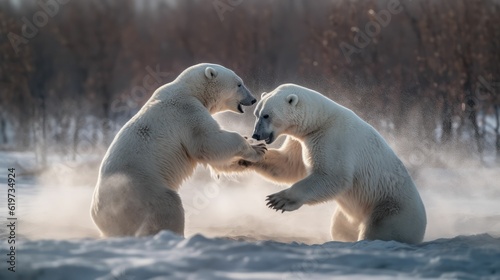 AI generated illustration of two polar bears in a playful scuffle on a snowy landscape