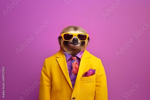 a monkey wearing yellow suit and sunglasses in a purple background
