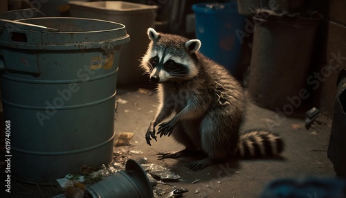 AI generated illustration of an adorable raccoon standing next to rubbish