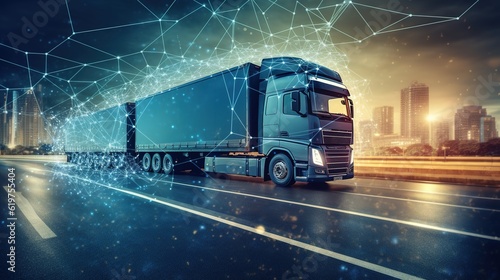 Logistics concept, Truck of logistics network distribution and smart transportation and networking intelligent logistics of truck container cargo, Logistic import export and industry 