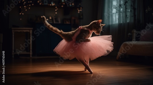 Cat ballerina in a pink tutu dancing in a room. Generative AI