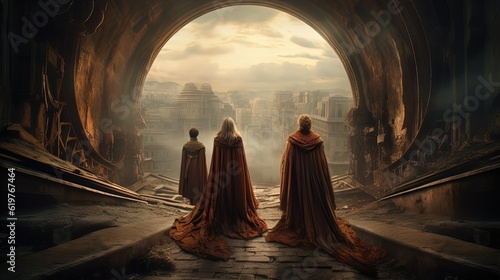 Three person figures in cloaks standing in a building arch with ancient architecture. People standing in arch watching view of a fantastic world. Generative AI