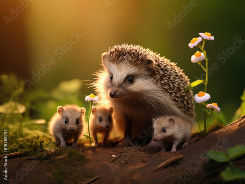 Hedgehog with hedgehogs cubs in the summer forest