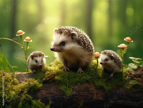 Hedgehog with hedgehogs cubs in the summer forest