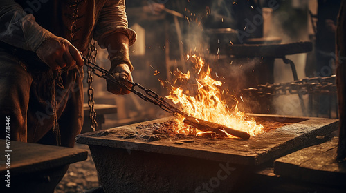 A close-up of a blacksmith forging a piece of metal, showcasing the skill and dedication of laborers Generative AI