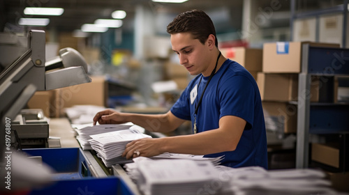 A postal worker sorting mail in a busy post office, symbolizing the essential role of postal labor Generative AI