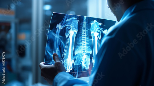 Orthopedic surgeon doctor examining patient's knee joint x-ray films, MRI bone, CT scan in at radiology orthopedic unit, hospital background. knee joint film x ray, Generative Ai