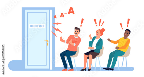 People in fear of dentists. Frightened by sounds of dental office. Panicked patients waiting medical appointment in lobby. Persons afraid of doctors. Scared men and women. Vector concept