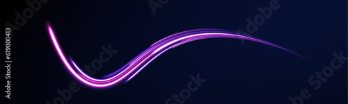 Lines in the shape of a comet against a dark background. Illustration of high speed concept. Curved light trail stretched upward. Vector Illustration.