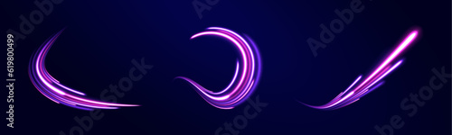 Creative vector illustration of flying cosmic meteor, planetoid, comet, fireball isolated on transparent background. Neon glowing rays speed line technology scince background. 